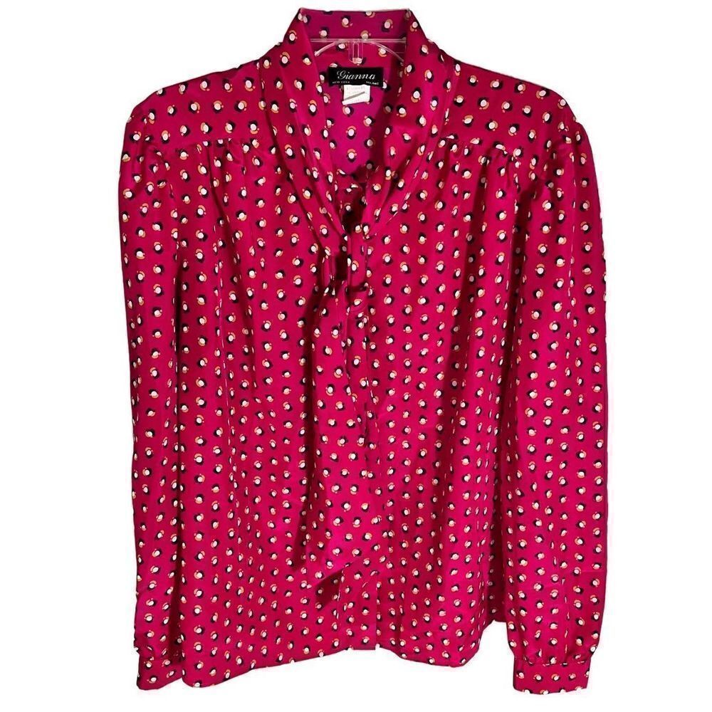 Vtg 80’s Gianna Tie Neck Secretary Blouse Pink Patterned Print Sz 14 See Detail